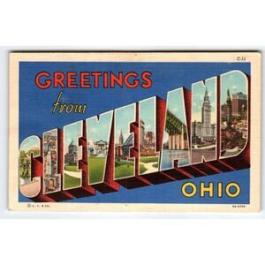 Greetings From Cleveland Ohio Large Big Letter Linen Postcard Curt Teich Unused